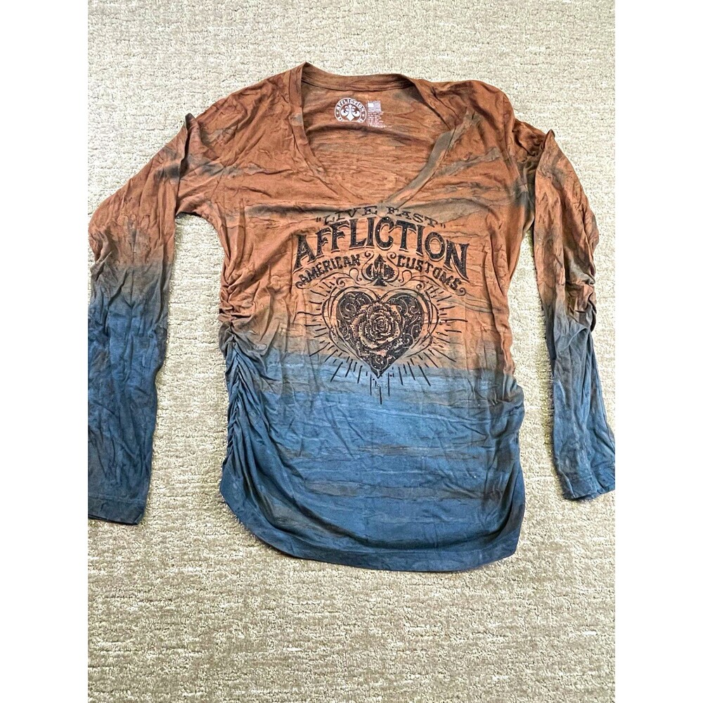 Women’s XL Affliction Live Fast V Neck Long Sleeve Graphic T Shirt Brown Blue